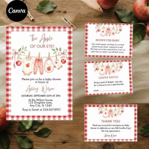 Apple of Our Eye Baby Shower Invitation Template Bundle ,Red Gingham Theme cover image.