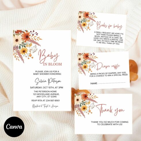 Fall Floral Baby in Bloom Baby Shower Invitation Suite, Editable Template with Books for Baby, Diaper Raffle & Thank You Cards cover image.
