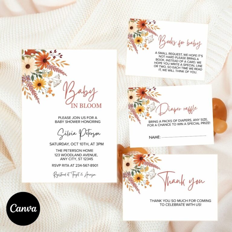 Fall Floral Baby in Bloom Baby Shower Invitation Suite, Editable Template with Books for Baby, Diaper Raffle & Thank You Cards cover image.