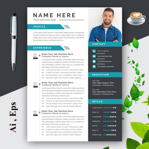 Black Sidebar Layout with Resume cover image.