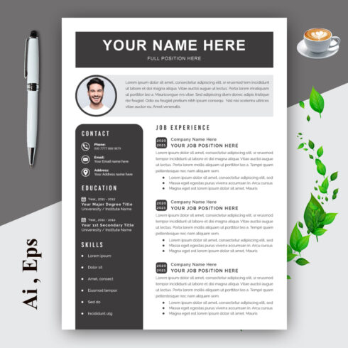 Resume and Cover Letter Layout with Black Sidebar cover image.