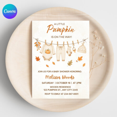 Fall Pumpkin Baby Shower Invitation Template, Editable Canva Invite, A Little Pumpkin Is On The Way, Autumn Baby Clothesline Printable Invite cover image.
