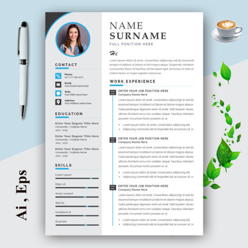 Resume and Cover Letter Layout with Blue Sidebar cover image.