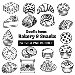 Bakery & Snacks Doodle Icons Bundle - 24 SVG & PNG Files for Digital Design & Crafts cover image.