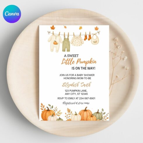 A Little Pumpkin Is On The Way Baby Shower Invitation Template, Editable Canva Invite, Autumn Baby Clothesline Printable Invite cover image.