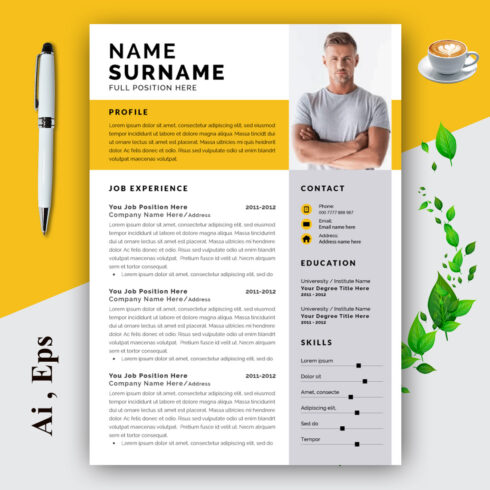 Resume Layout Set with Gray Sidebar and Yellow Elements cover image.