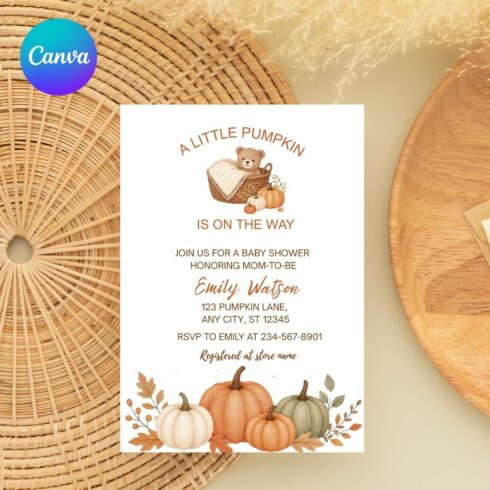 A Little Pumpkin Is On The Way Baby Shower Invitation, Editable Canva Template, Teddy Bear Pumpkin Fall Invite, Autumn Baby Shower Printable cover image.