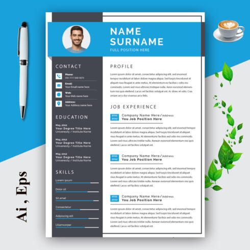 Resume and Cover Letter Layout with Black Sidebar cover image.