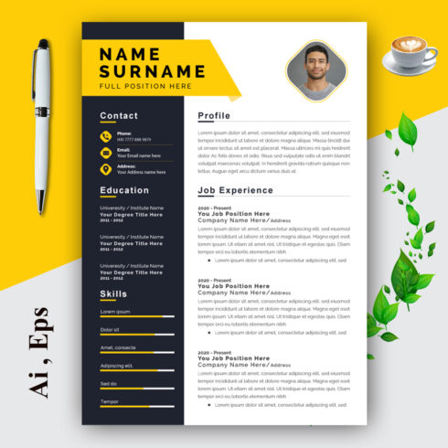 Resume Layout with Yellow Header and Black Sidebar cover image.