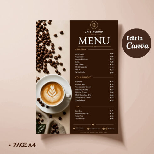 Coffee Shop Menu Template Canva | Editable Cafe Menu A4 | Printable Restaurant Menu | Instant Download cover image.