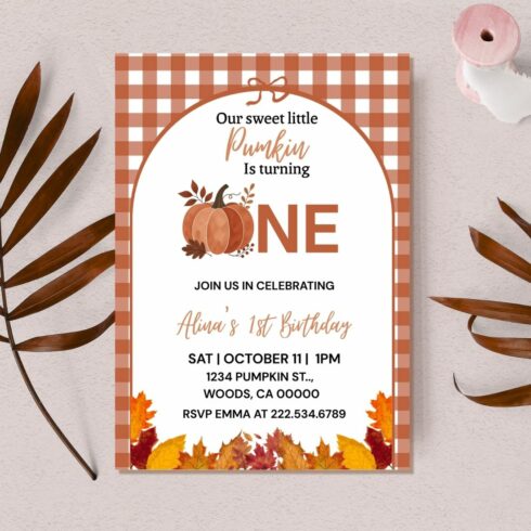 Rustic Autumn First Birthday Invitation, Orange Plaid Pumpkin Party Template, Instant Digital Download cover image.