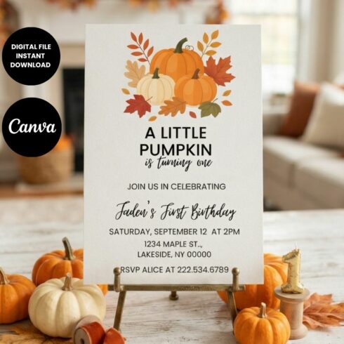 Fall Pumpkin 1st Birthday Invitation Template, Autumn Little Pumpkin Party Invite, Editable Canva Download cover image.