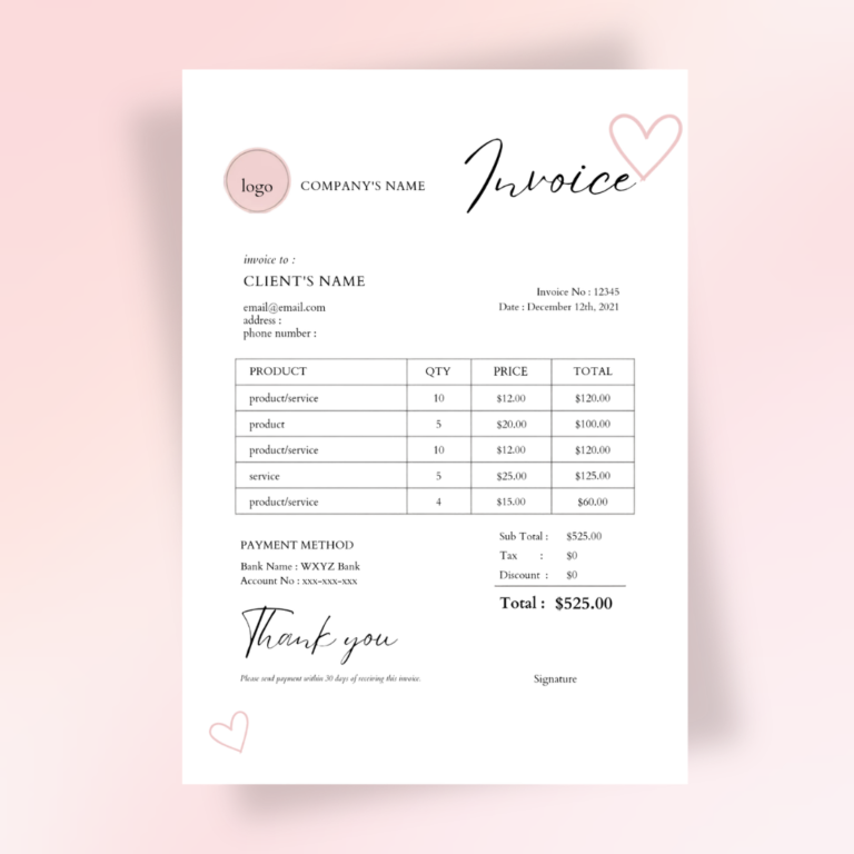 Editable Invoice Template Canva | Feminine Invoice Template A4 | Printable Business Invoice | Cute Invoice Template | Instant Download cover image.