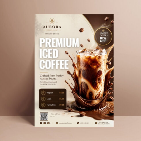 Iced Coffee Flyer Template Canva | Editable Coffee Shop Promo Flyer A4 | Cafe Menu Price List | Printable Coffee Poster | Instant Download cover image.