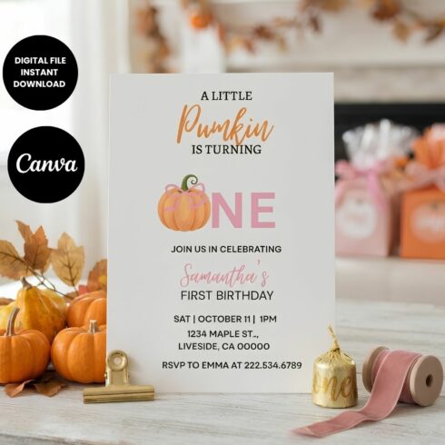 Pink Pumpkin 1st Birthday Invitation Template, Little Pumpkin Fall Birthday Invite, Editable Digital Download cover image.