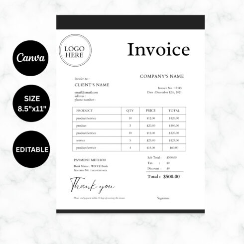 Minimalist Invoice Editable Template | Printable Digital Invoice | Small Business Invoice Template | | Instant Download cover image.