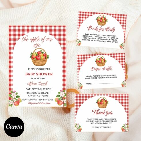 Red Gingham Apple of Our Eye Baby Shower Invitation Bundle, Editable Template, Diaper Raffle Books for Baby Thank You Card, cover image.