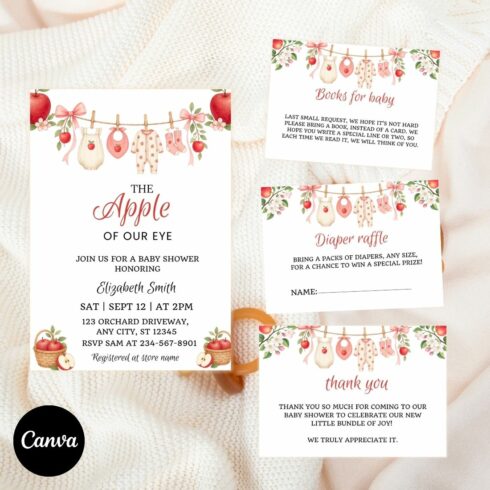 Editable Apple of Our Eye Baby Shower Template Bundle | Canva Invitation Set cover image.