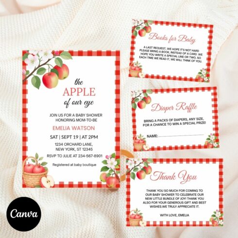 The Apple of Our Eye Baby Shower Invitation Bundle, Red Gingham Border Editable Template, Diaper Raffle Books for Baby Thank You Card cover image.