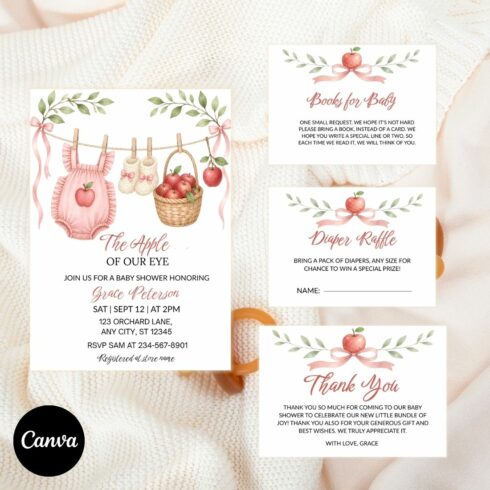 The Apple of Our Eye Editable Template, Pink Watercolor Girl Baby Shower Invite Set, Instant Download cover image.