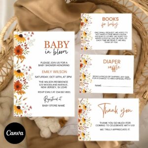 Baby in Bloom Baby Shower Invitation Suite, Editable Canva Template, Fall Floral Invite with Books for Baby, Diaper Raffle & Thank You Cards cover image.