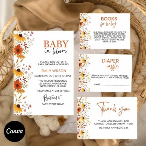 Baby in Bloom Baby Shower Invitation Suite, Editable Canva Template, Fall Floral Invite with Books for Baby, Diaper Raffle & Thank You Cards cover image.
