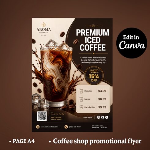 Coffee Flyer Template Canva | Editable Coffee Shop Promo Flyer A4 | Cafe Menu Price List | Printable Coffee Poster cover image.