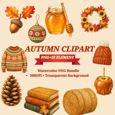20+ Autumn Watercolor Clipart PNG Bundle - Fall Season Graphics cover image.