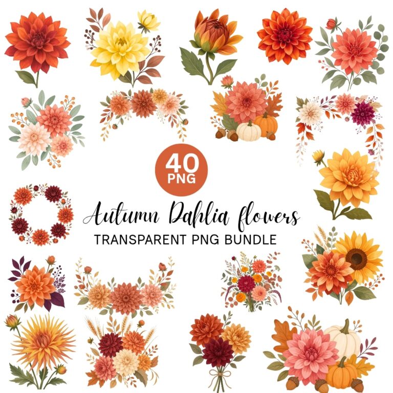 Autumn Dahlia Clipart Bundle | 40 PNG Fall Floral Watercolor Graphics | Pumpkins, Wreaths & Bouquets | Commercial Use Transparent PNG cover image.