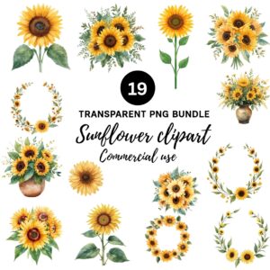 Sunflower Clipart Bundle | 19 PNG Watercolor Sunflower Graphics | Wreaths, Bouquets & Vases | Commercial Use Transparent Background cover image.