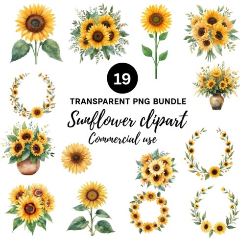 Sunflower Clipart Bundle | 19 PNG Watercolor Sunflower Graphics | Wreaths, Bouquets & Vases | Commercial Use Transparent Background cover image.