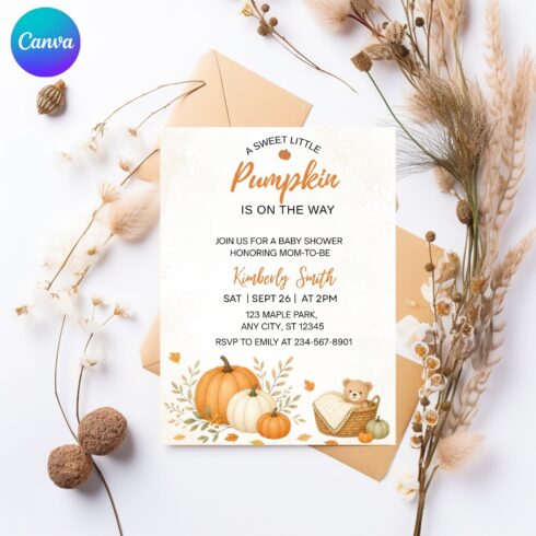Teddy Bear Pumpkin Fall Invite, Autumn Baby Shower Printable, A Little Pumpkin Is On The Way Baby Shower Invitation cover image.