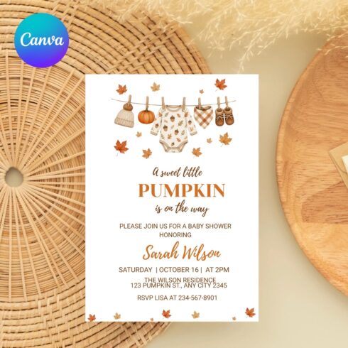 Sweet Little Pumpkin Baby Shower Invitation, Editable Canva Template, Fall Clothesline Invite, cover image.