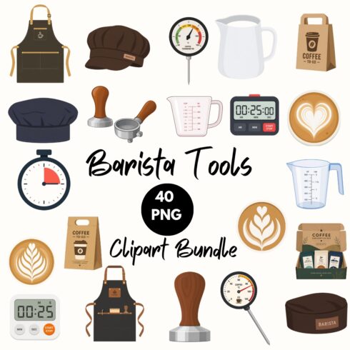 Barista Tools Clipart Bundle | 40 PNG Coffee Shop Equipment Illustrations | Apron Tamper Thermometer Latte Art Clipart | Transparent Background | Commercial Use cover image.