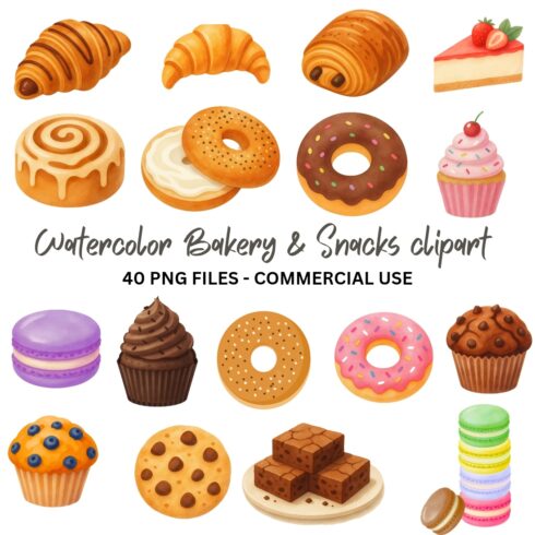 Watercolor Bakery Clipart Bundle | 40 PNG Bakery & Snacks Illustrations | Donut Cupcake Croissant Cookie Clipart | Transparent Background | Commercial Use cover image.