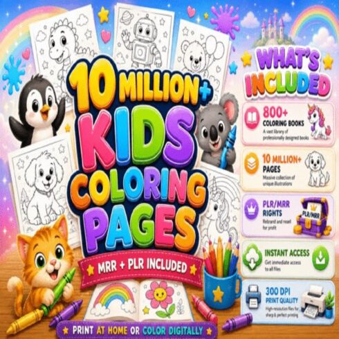 10 Million+ Kids & Adults Coloring Pages Bundle | PLR & MRR Commercial Use KDP Interior Templates & Printables cover image.
