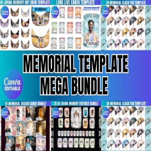 Memorial Mega Bundle Canva Templates & Sublimation PNGs | Funeral Keepsakes, All Over Shirt, Pin Button & Hat Brim Design Set cover image.