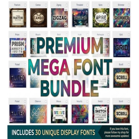 Mega Font Bundle | 30 Premium Fonts for Cricut, Crafts, Sublimation & Branding cover image.