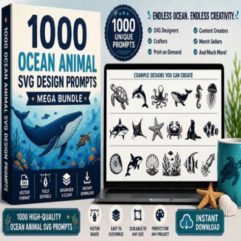 1,000 Ocean Animal SVG Design Prompts – Marine Life AI Prompts Bundle cover image.