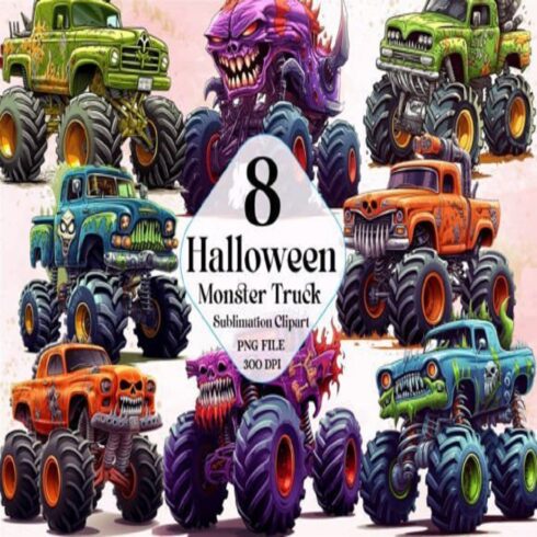 Halloween Monster Truck Sublimation – Spooky Watercolor Clipart PNG Bundle cover image.