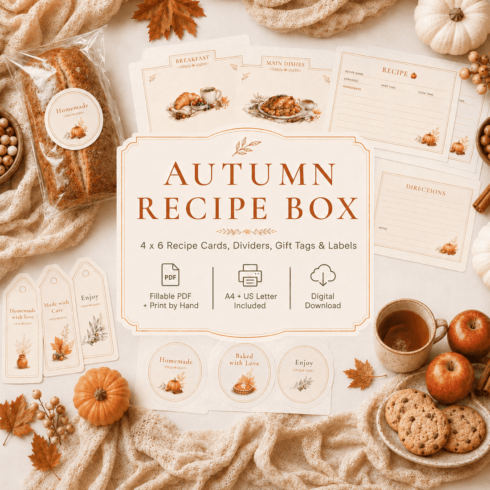 Autumn Recipe Box Printable – Fillable 4x6 Recipe Cards, Dividers, Gift Tags & Labels cover image.