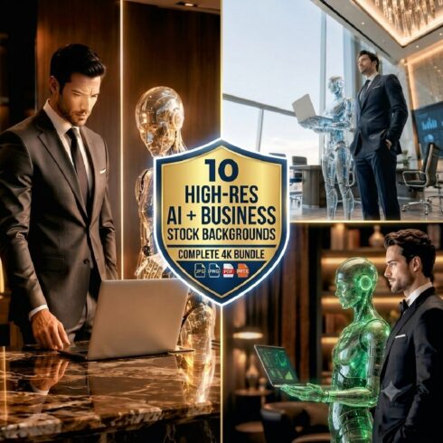 10 Futuristic AI Business & Robot Collaboration Stock Backgrounds Bundle cover image.