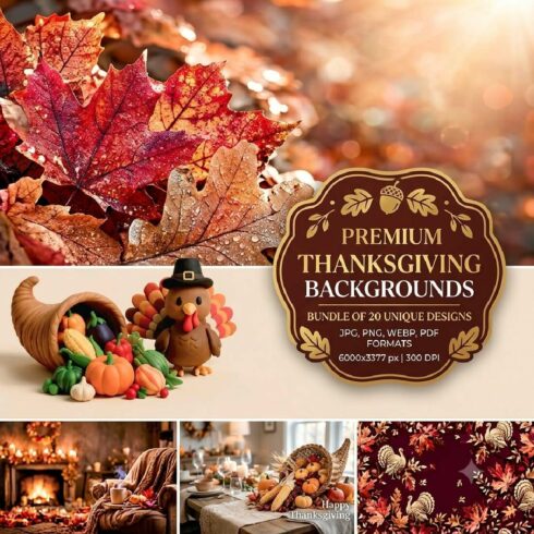 20 Thanksgiving Stock Backgrounds Bundle - Autumn & Festive Fall AI Backgrounds with Copy Space cover image.