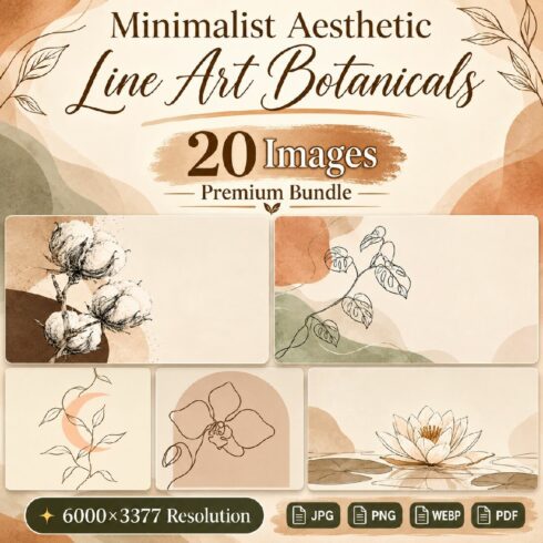 Minimalist Boho Botanical Line Art Illustrations with Copy Space | Aesthetic Backgrounds & Branding Bundle cover image.