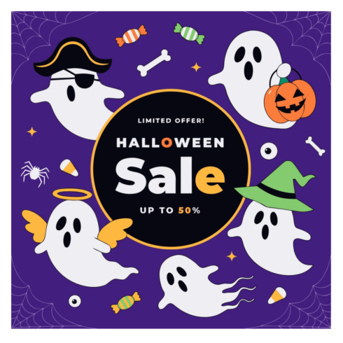 Cute Halloween Sale Banner Template with Ghost Characters cover image.