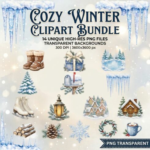 Cozy Winter Clipart Bundle – 14 Unique High-Res PNG Files with Transparent Backgrounds cover image.