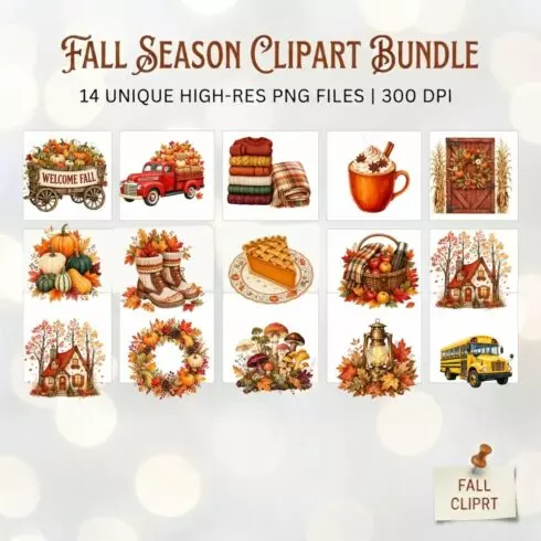 Fall Season Clipart Bundle: 14 High-Res Watercolor Autumn Graphics, Pumpkin, and Harvest PNG Elements for Digital Design, Sublimation, and Printables cover image.