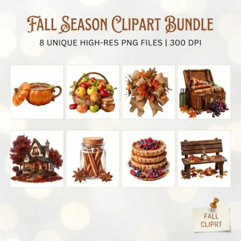 Fall Season Clipart Bundle | 8 Unique High-Res PNG Files | 300 DPI Watercolor Autumn Graphics for Planners, Sublimation & Crafts cover image.