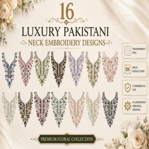 16 Floral Neck Embroidery Designs | Transparent PNG | High Resolution cover image.