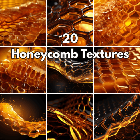 20 Golden Honeycomb & Liquid Honey Textures Backgrounds cover image.